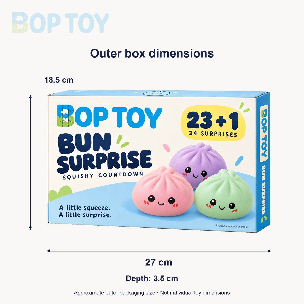 BopToy gift box outer dimensions approximately 27 x 18.5 x 3.5 cm; not individual toy size