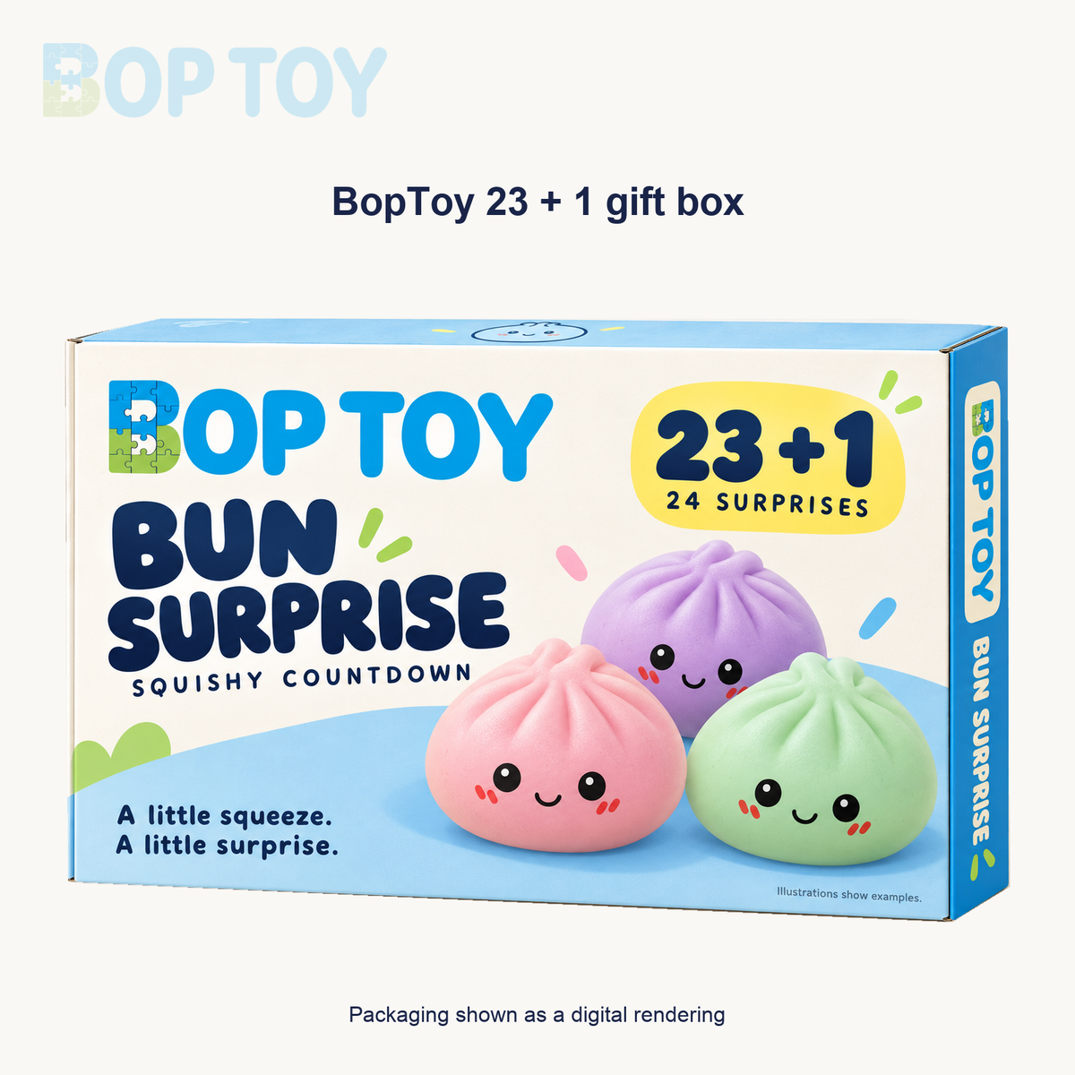 BopToy Bun Surprise 23 + 1 packaging design shown as a digital rendering