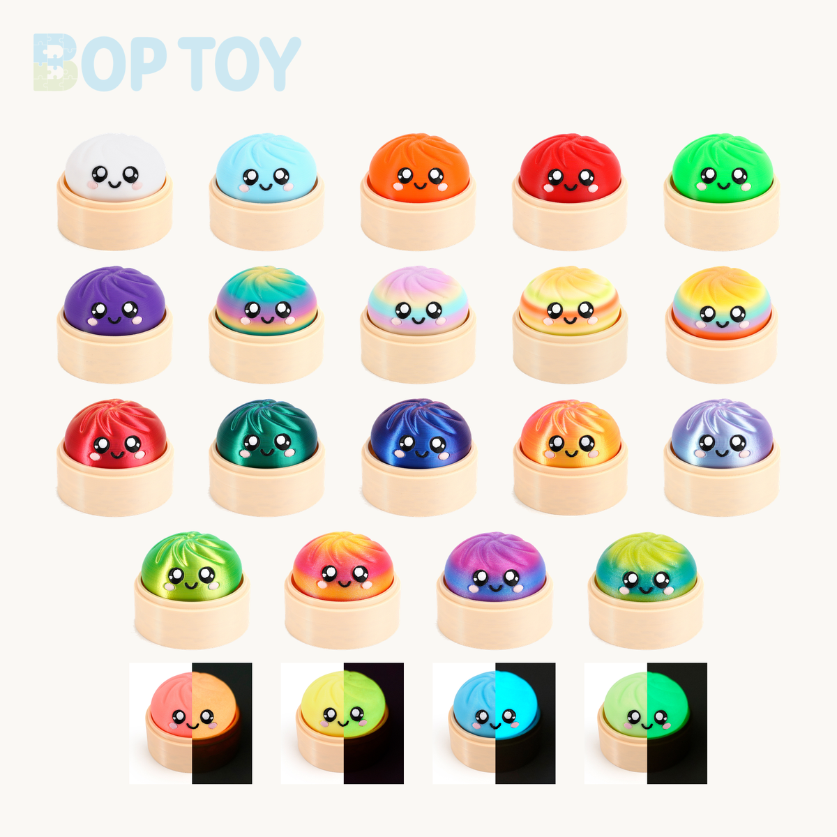 All 23 Baozi Button styles; assortment display, not a 23-piece purchase option