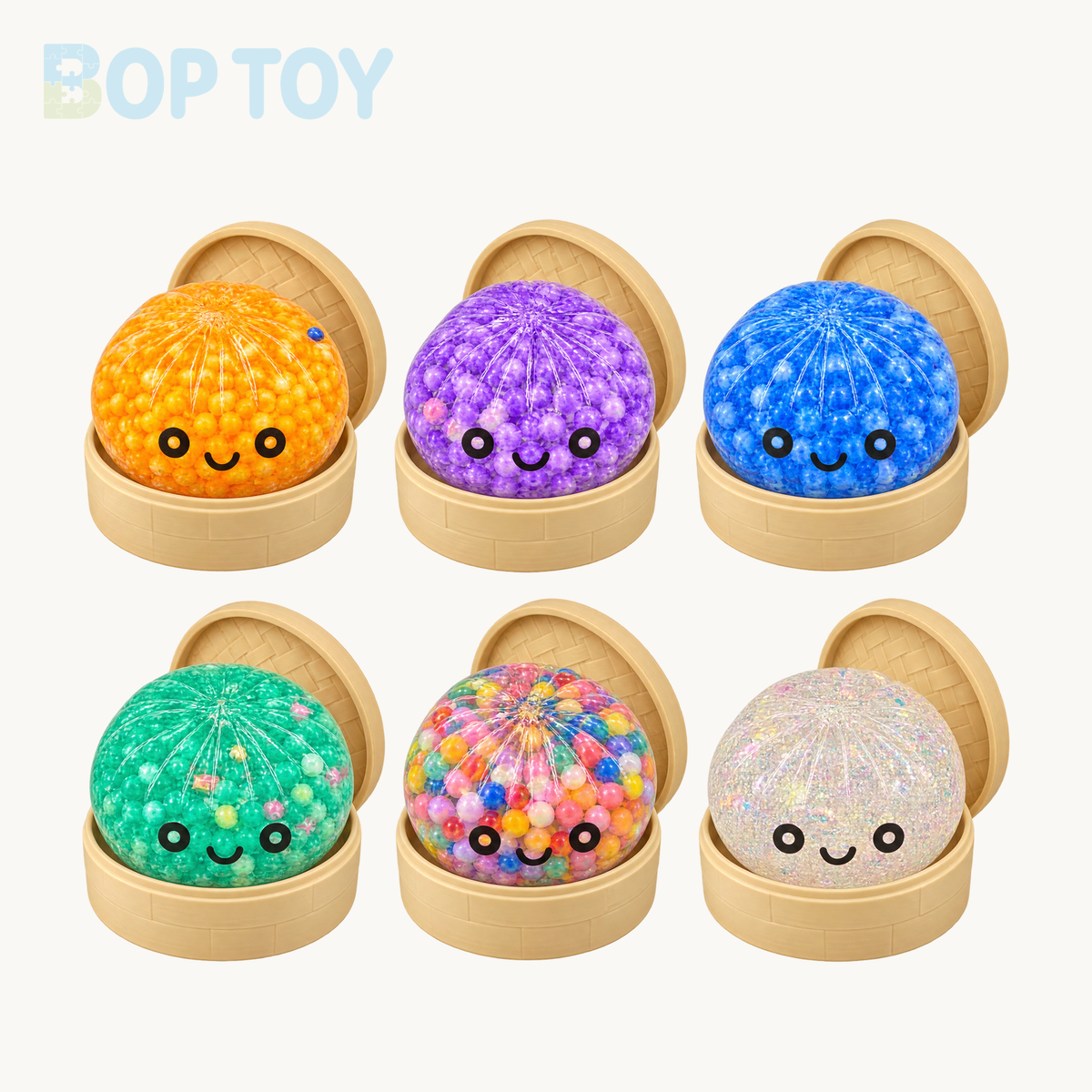 Rainbow Bead Bun Squishy with Steamer — six color examples with beige steamers; single-piece option is one random color, not the pictured set