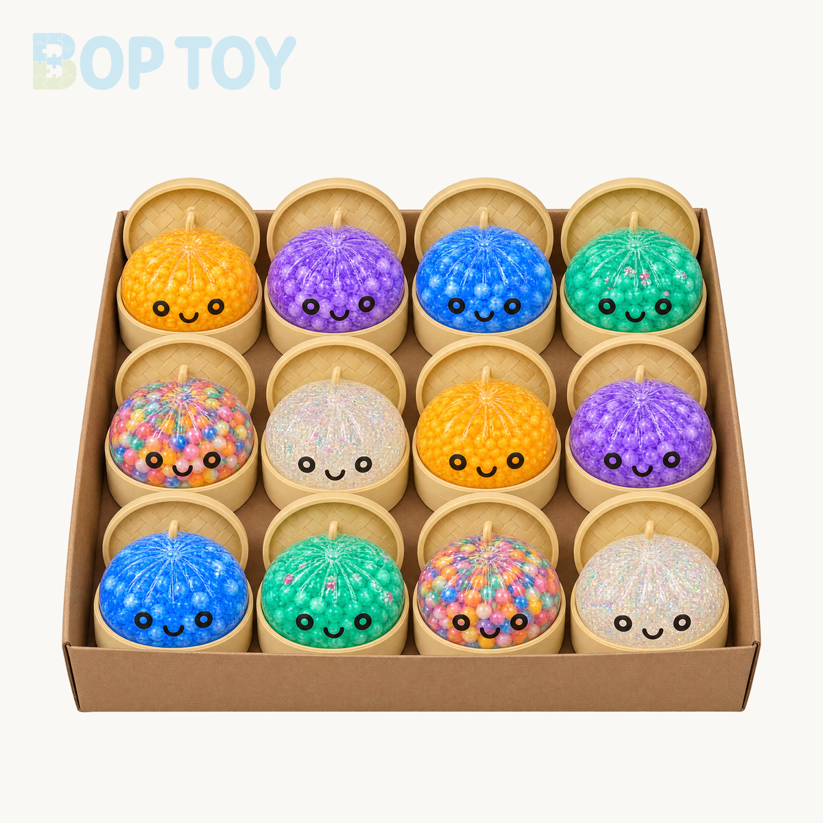 Rainbow Bead Bun Squishy with Steamer — illustrative 12-piece mixed-color arrangement with beige steamers; packaging layout and color quantities may vary