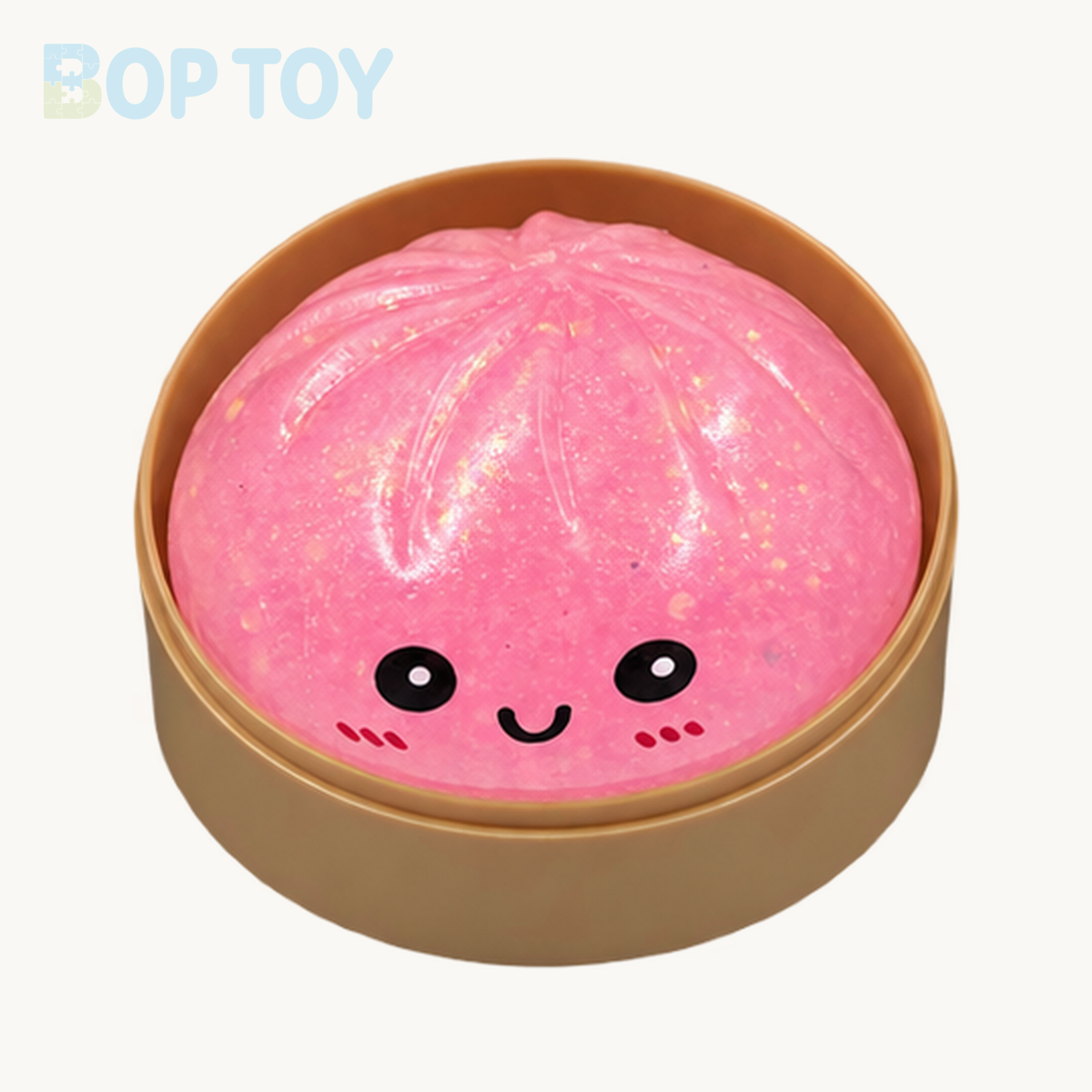 Pink glow bao bun in tan steamer, photographed in daylight