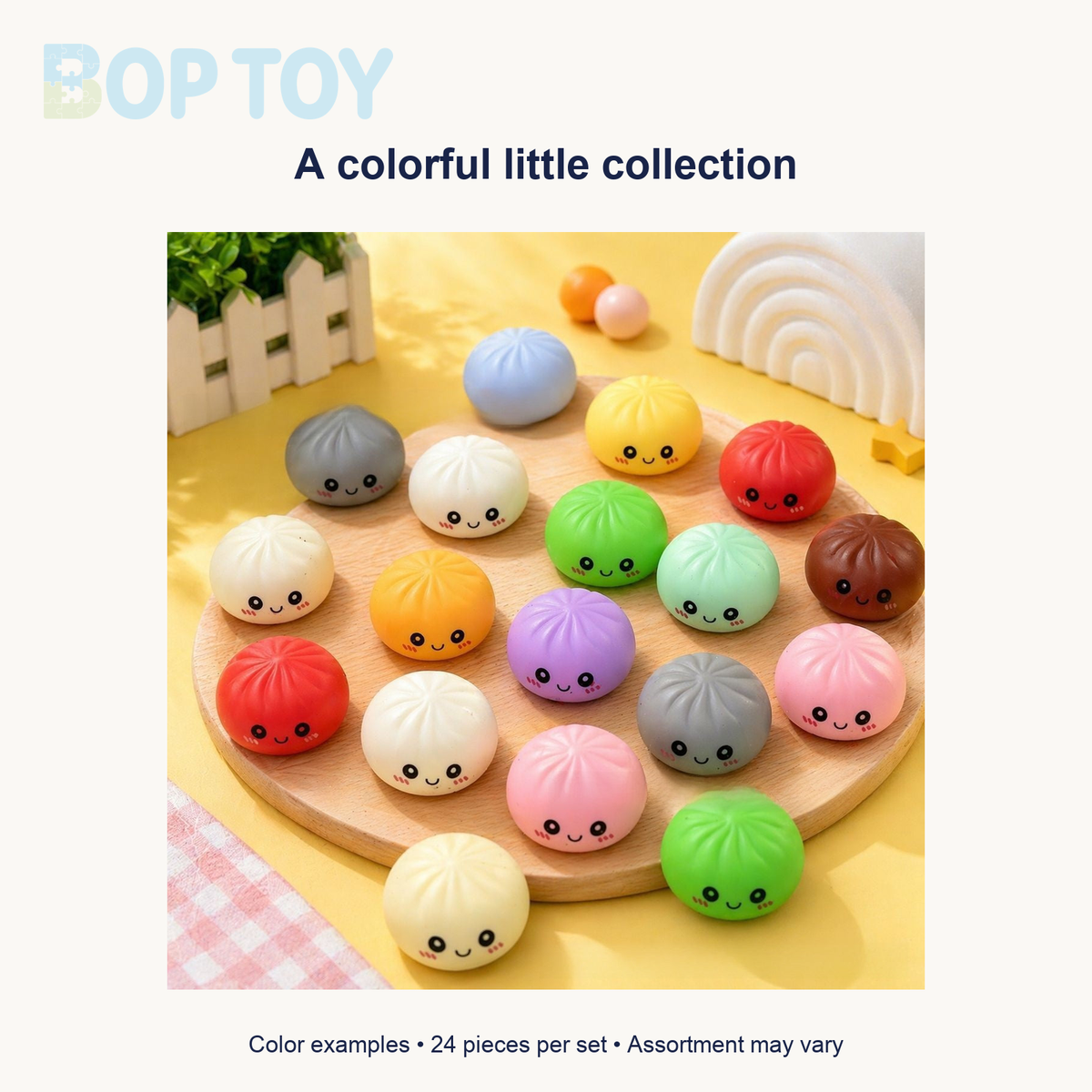 Original tabletop photo of assorted smiley bun squishy examples; not an exact contents checklist