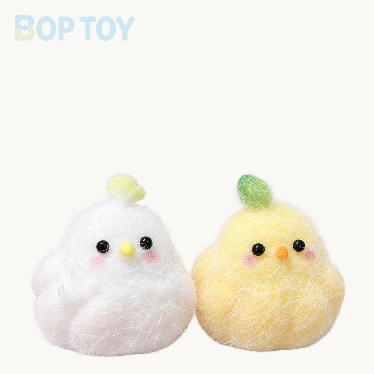Sprout Chick Taba Squishy Toy — 2pcs Yellow & White on BOPTOY cream background