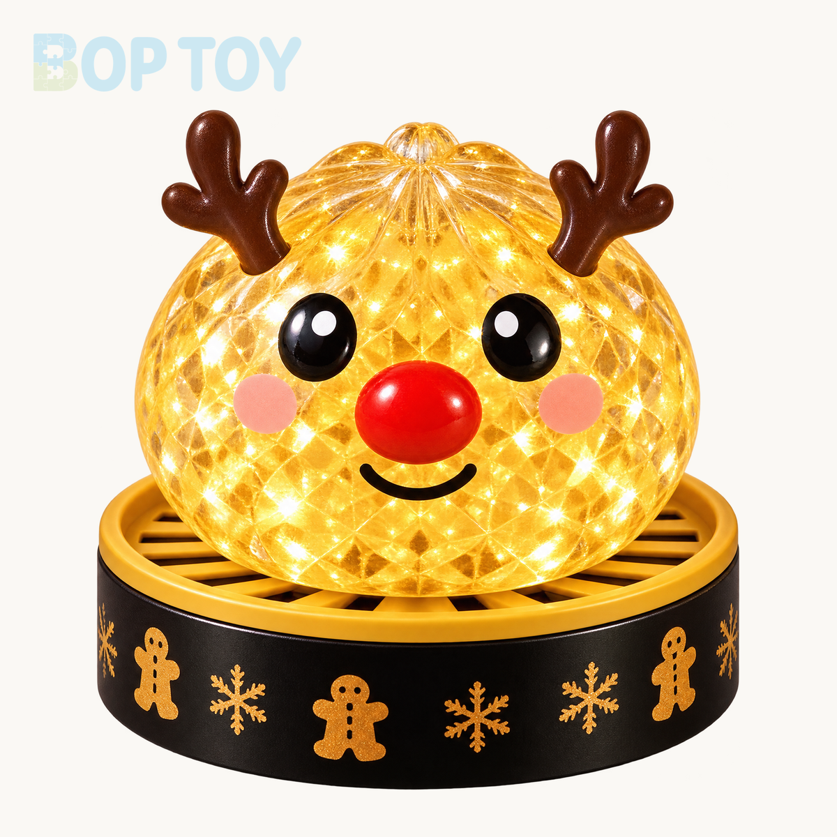 Christmas Reindeer bun squishy with brown antlers, red nose and included black-and-gold steamer