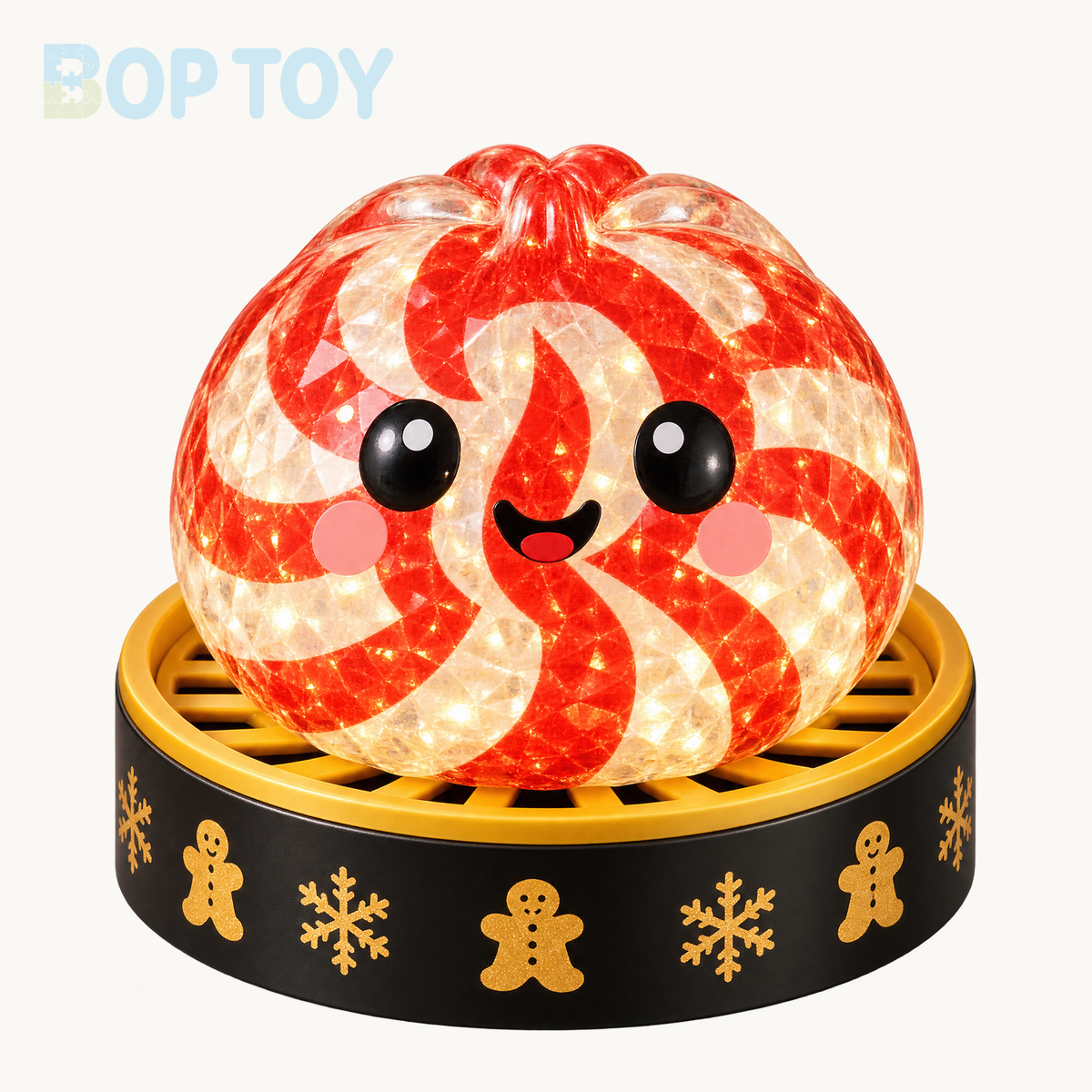 Candy Man peppermint-swirl bun squishy with included black-and-gold steamer