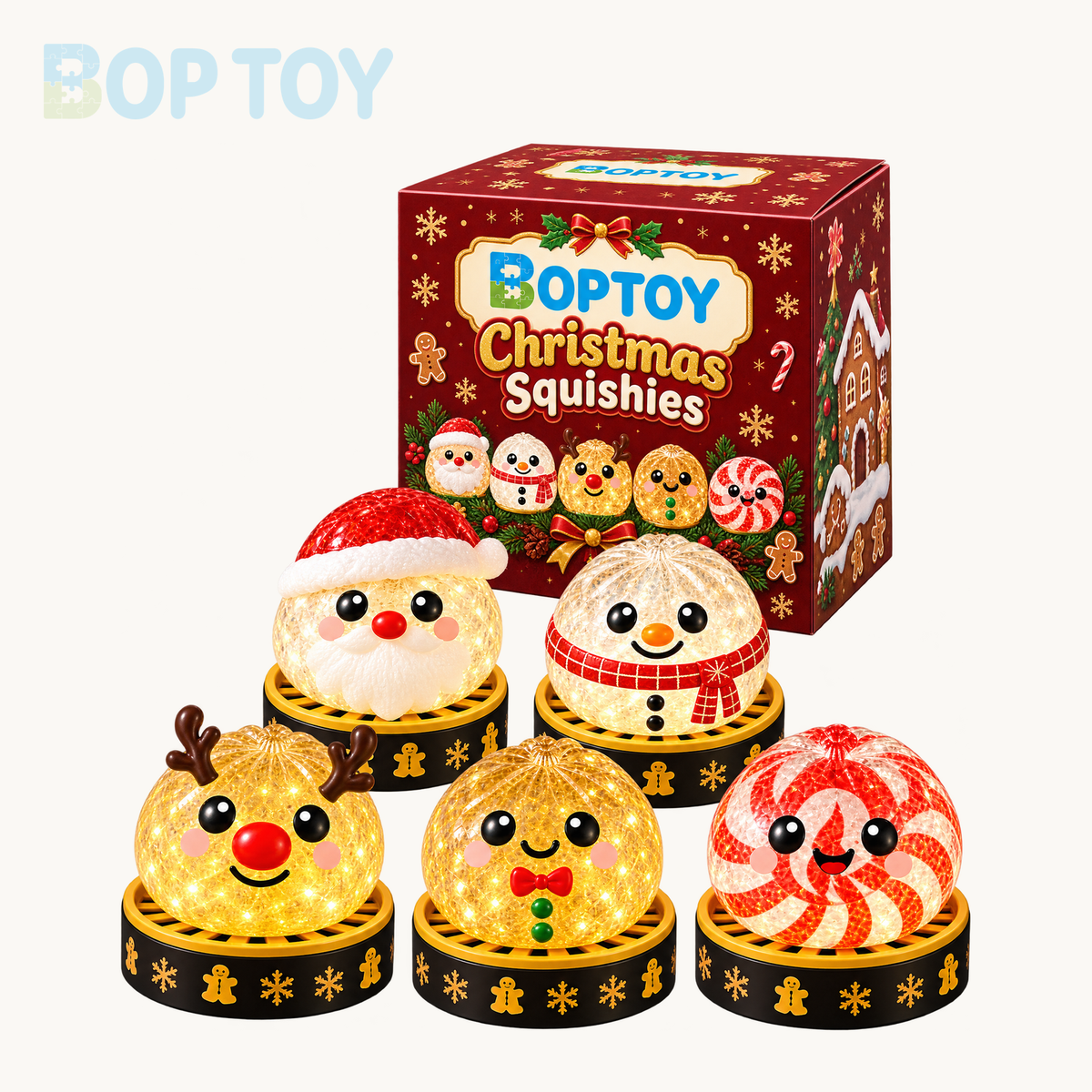 BopToy Christmas Squishies gift packaging design rendering beside five design examples; contents depend on selected pack