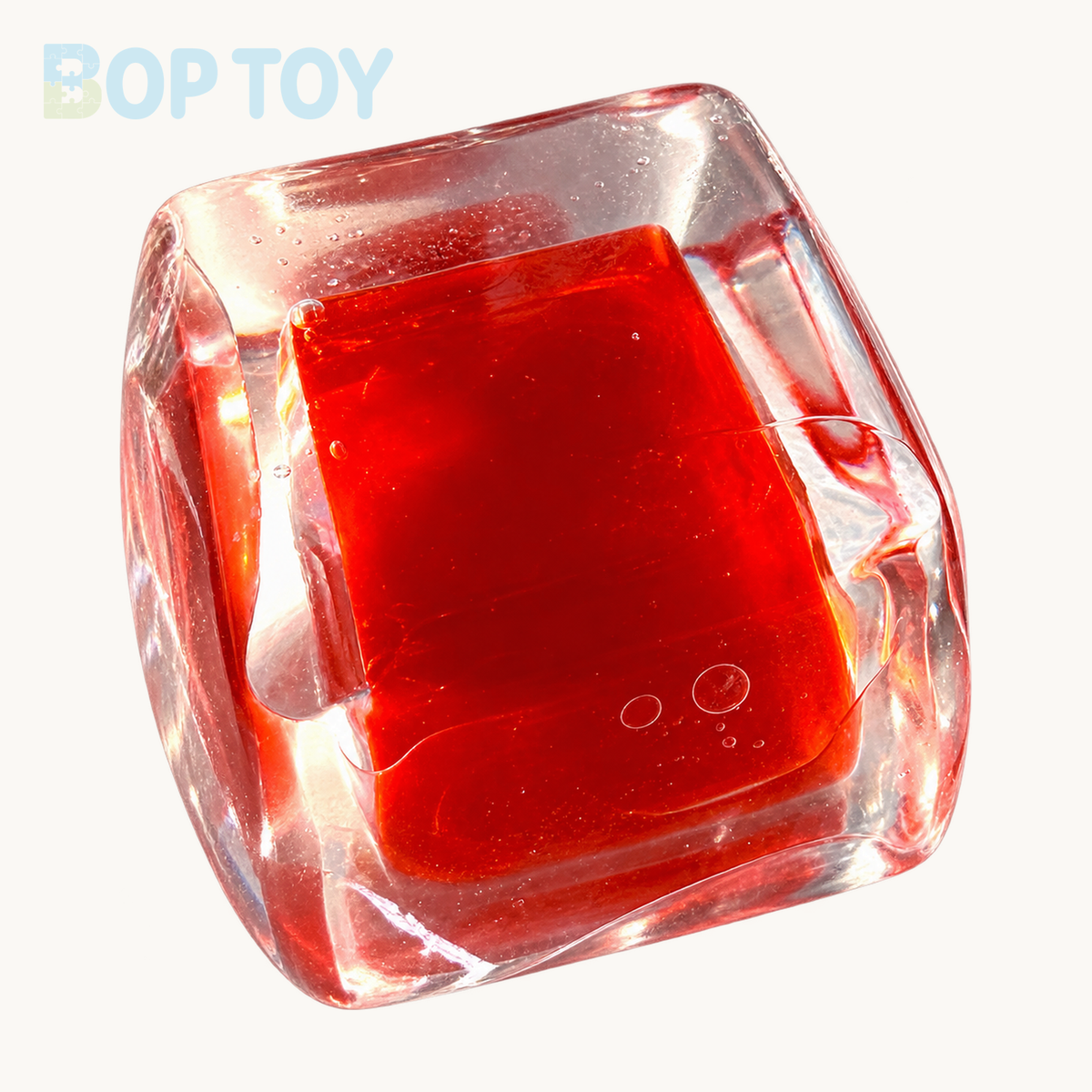 250g Handmade Transparent Ice Cube Taba Squishy Toy (Flowing Liquid in The Middle)(Liquid Squishy) — Red — BOP TOY