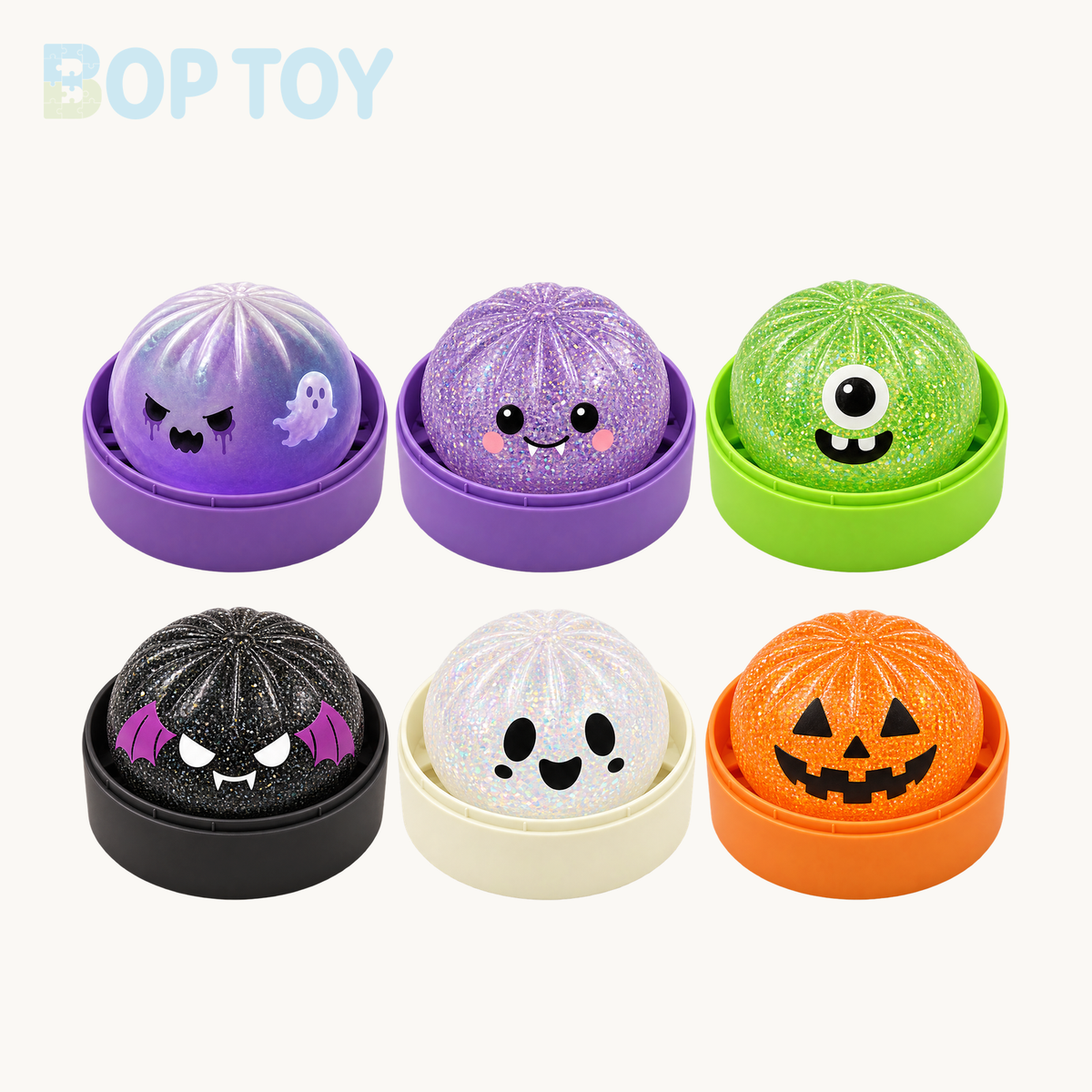 All six Halloween bun squishy designs, each in its matching steamer; single selections contain one selected design