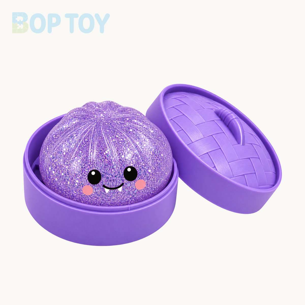 Purple glitter smile bun squishy with pink cheeks and matching purple steamer and lid