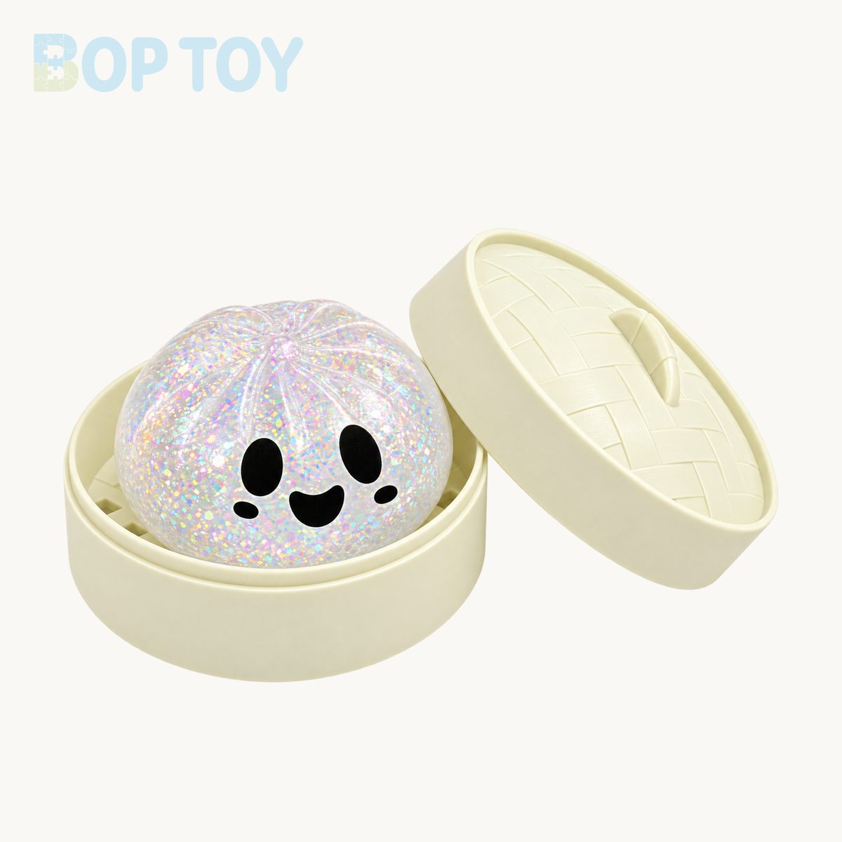 White iridescent ghost bun squishy with black cheek marks and matching ivory steamer and lid