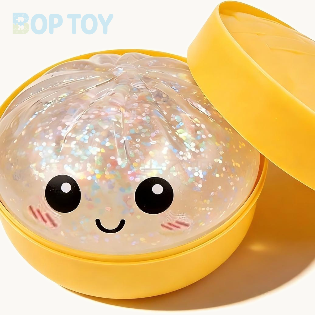 Silver bun squishy with yellow steamer and lid; one piece