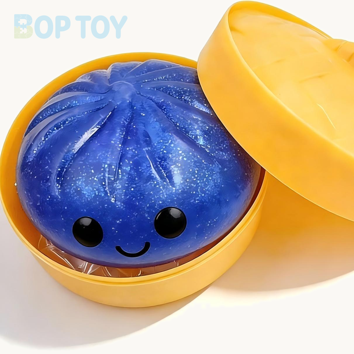Blue bun squishy with yellow steamer and lid; one piece