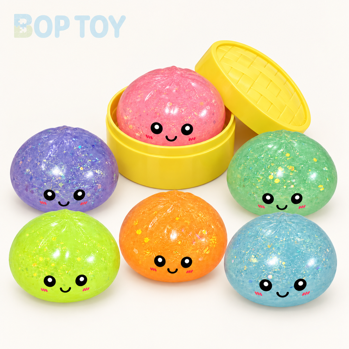 Glitter bao bun with yellow steamer and six color examples - one random toy, not a set