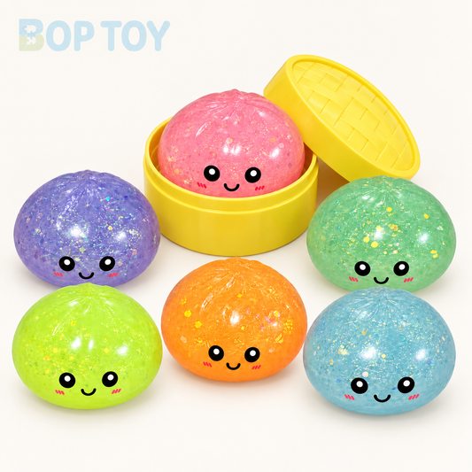 Glitter bao bun with yellow steamer and six color examples - one random toy, not a set
