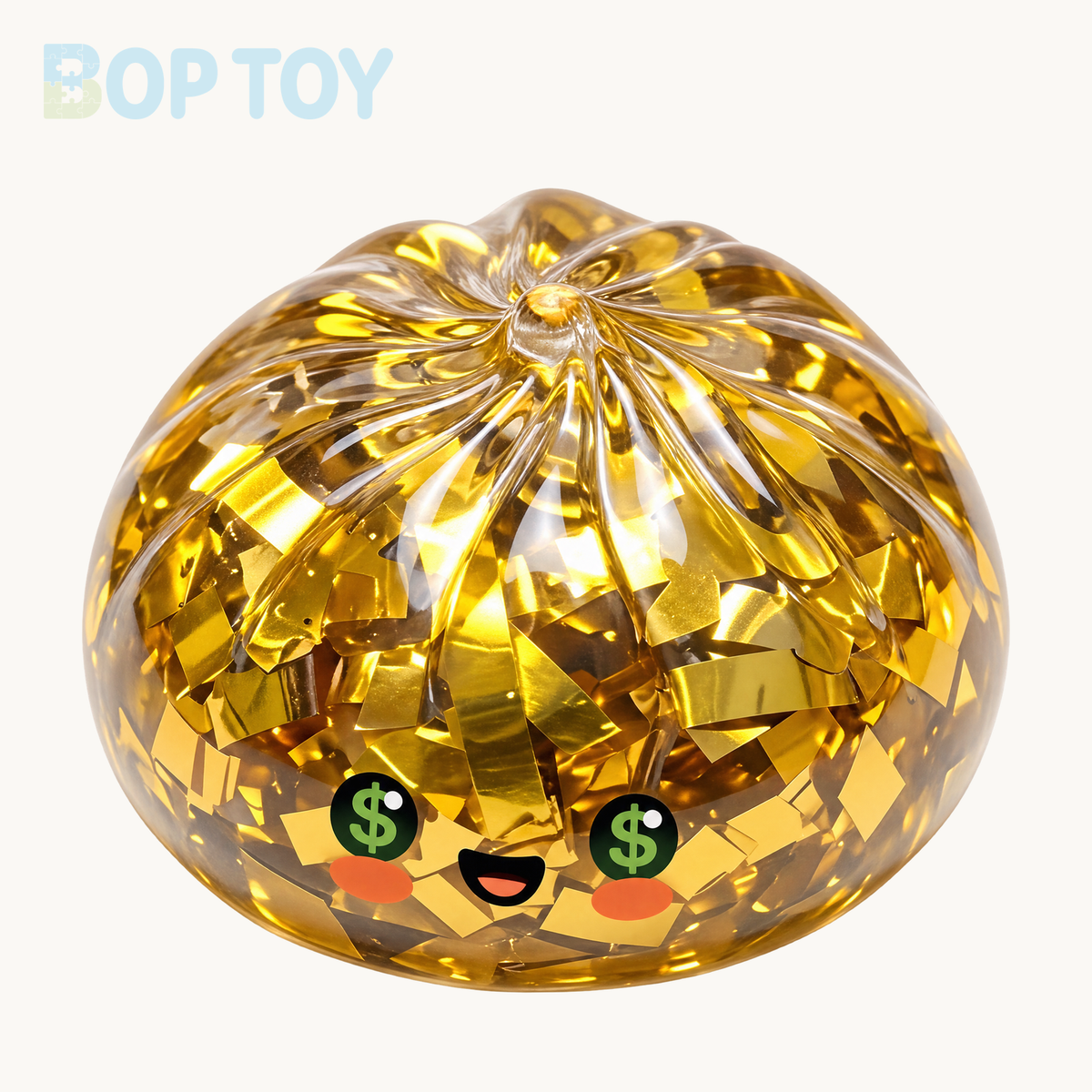 Close-up of the gold-foil bun squishy showing large reflective golden strips, gathered pleats and green dollar-sign eyes