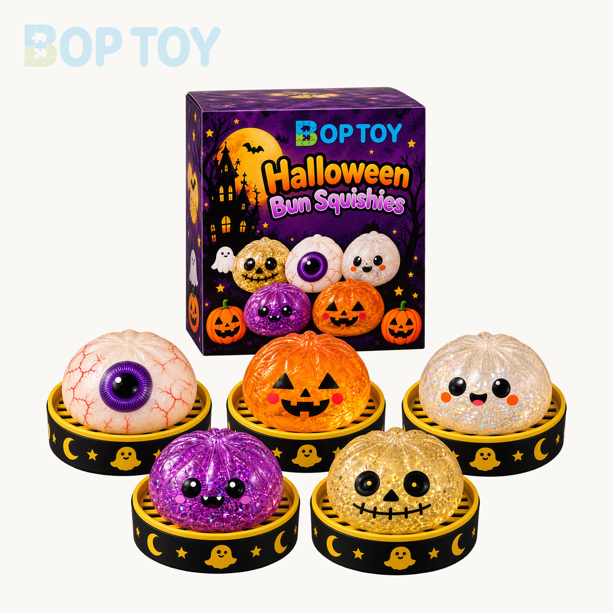 BopToy branded purple Halloween packaging artwork with the five bun squishy designs and their black and gold steamers