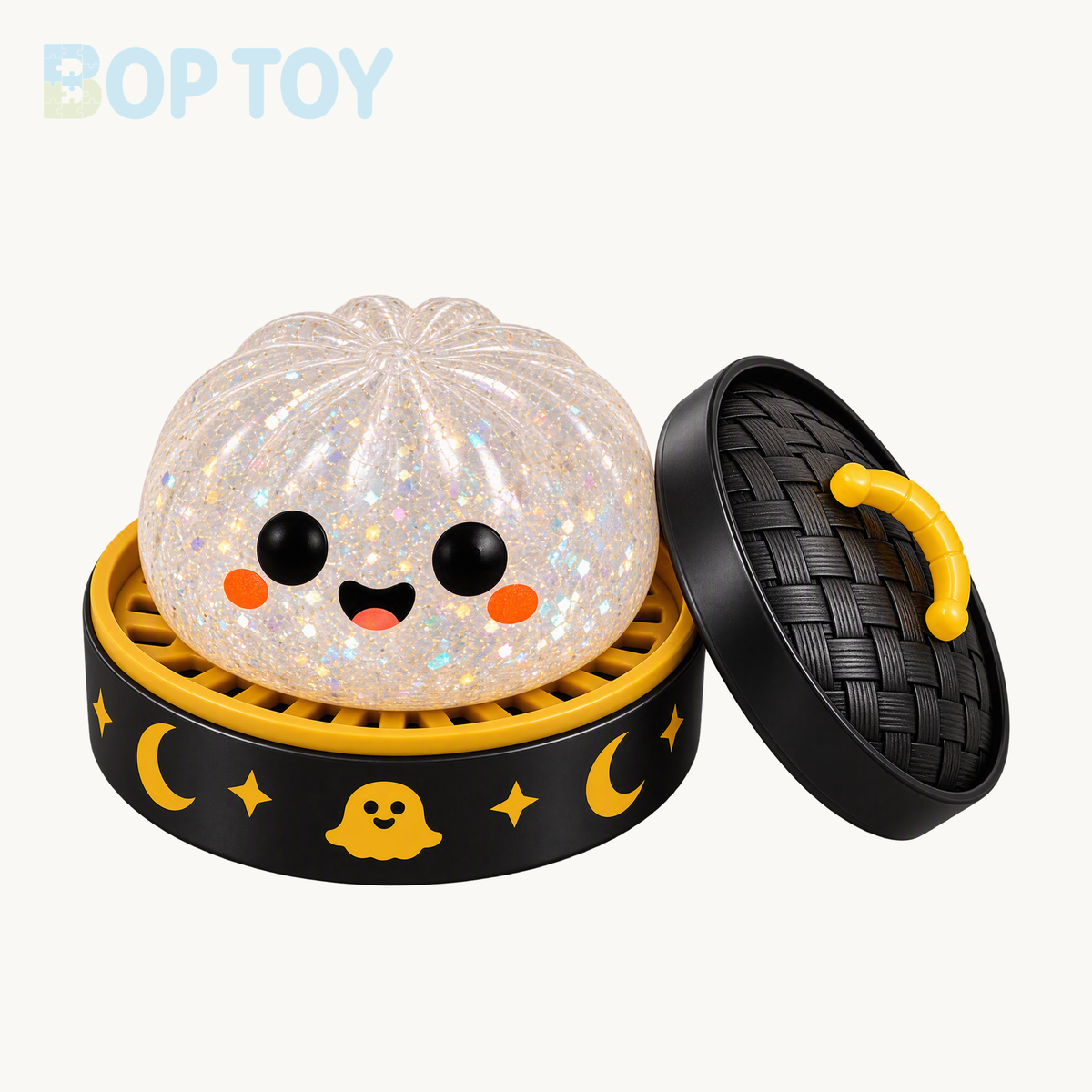 White ghost bun squishy with orange cheeks, black and gold steamer and matching lid