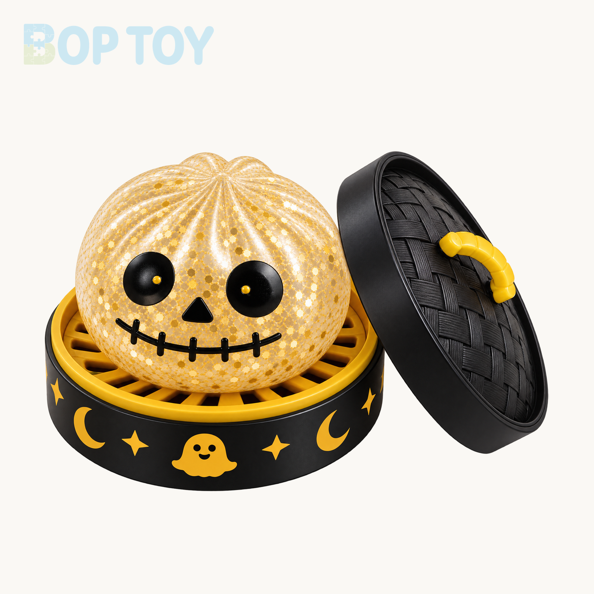 Gold skull bun squishy with stitched smile, black and gold steamer and matching lid