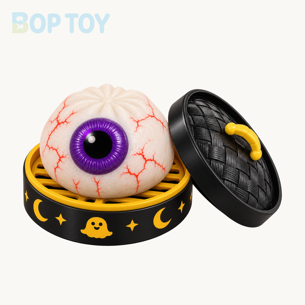 White eyeball bun squishy with purple iris and red veins, black and gold steamer and matching lid