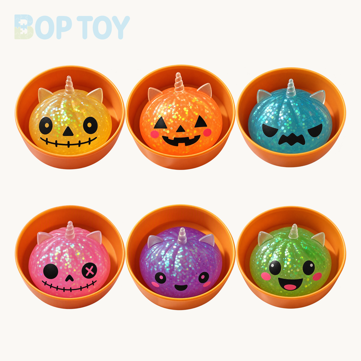 Six-color Halloween unicorn glitter squishy assortment with six orange containers; set contains one of each color