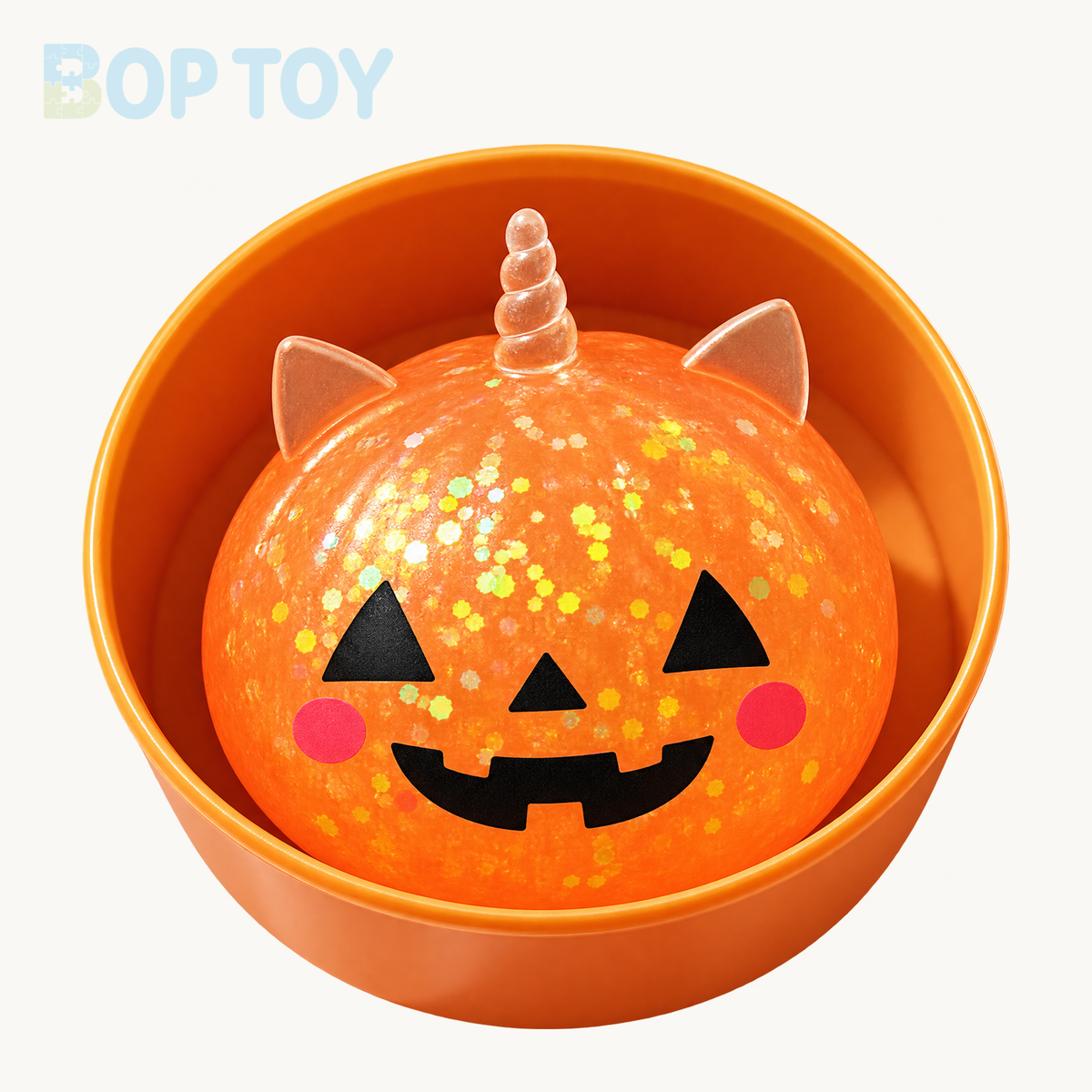 Orange mini Halloween unicorn glitter squishy with included orange container
