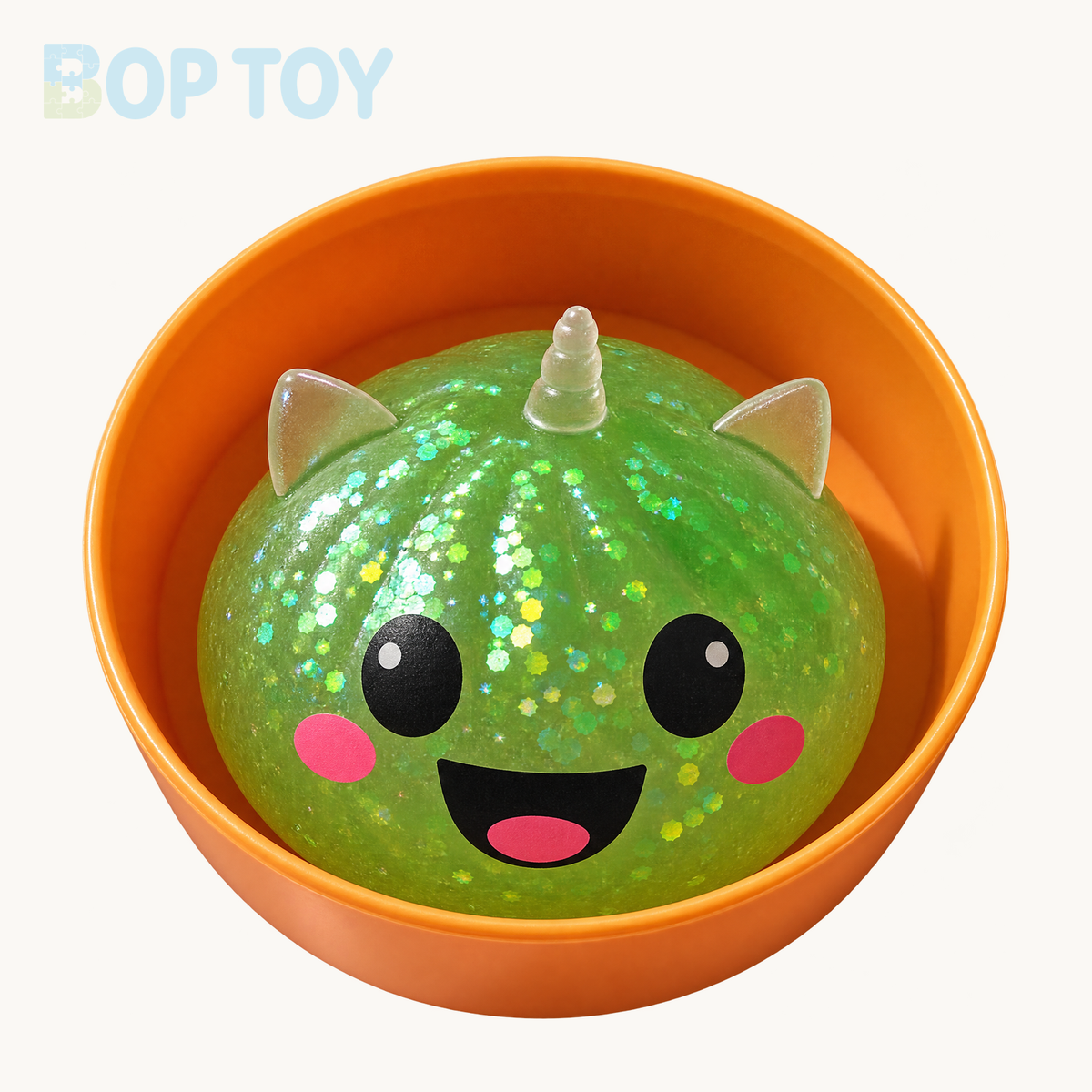 Green mini Halloween unicorn glitter squishy with included orange container