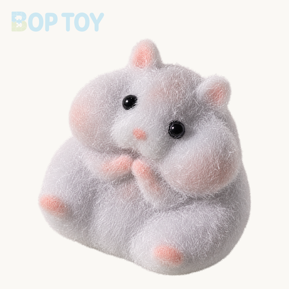 Grey flocked hamster taba squishy toy on BOPTOY cream background