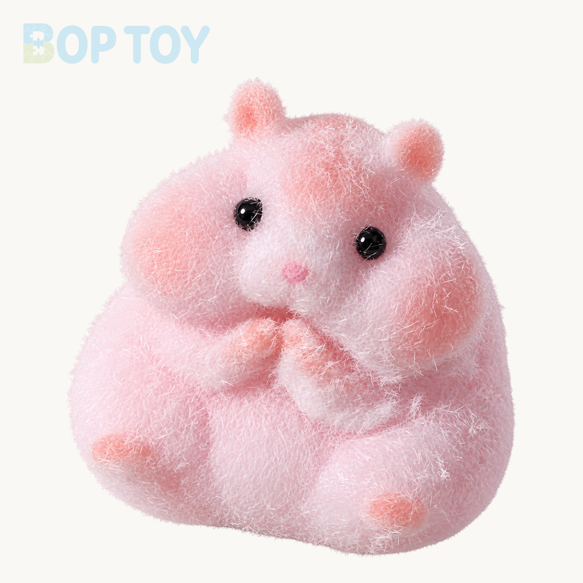 Pink flocked hamster taba squishy toy on BOPTOY cream background
