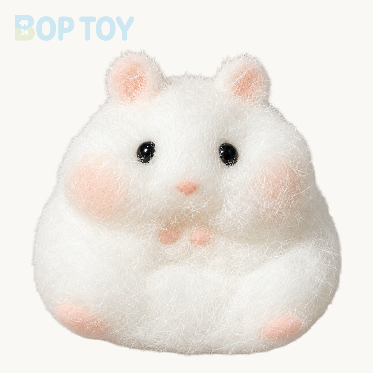 White flocked hamster taba squishy toy on BOPTOY cream background