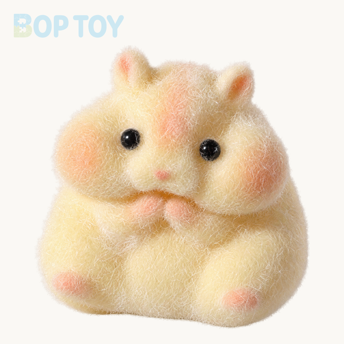 Yellow flocked hamster taba squishy toy on BOPTOY cream background