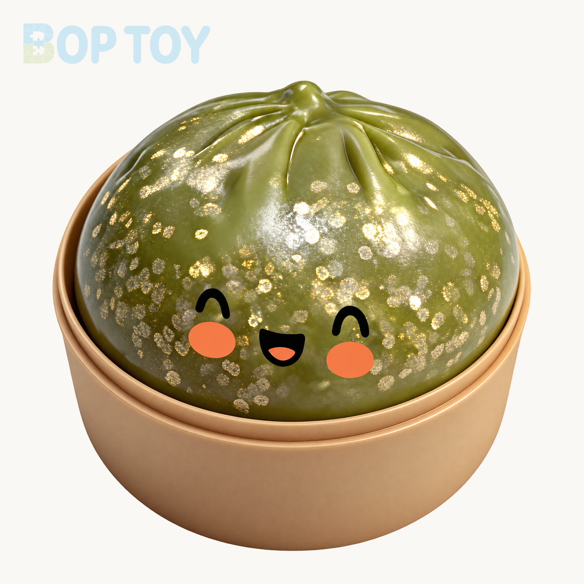 Clear Green happy bun squishy with gold confetti and beige steamer