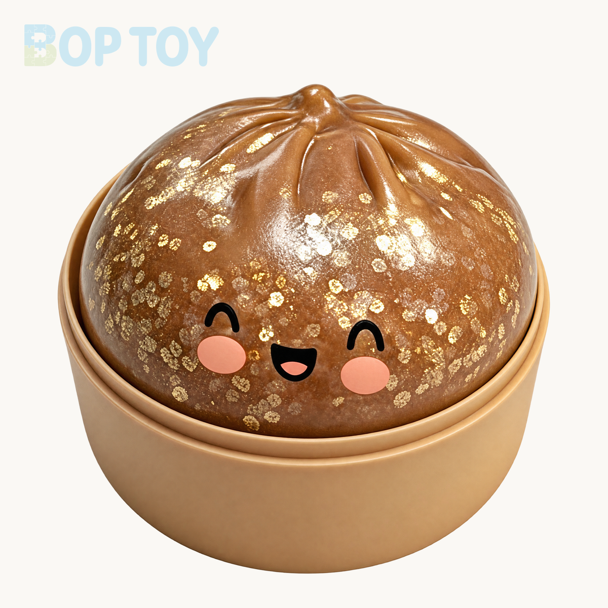 Clear Brown happy bun squishy with gold confetti and beige steamer