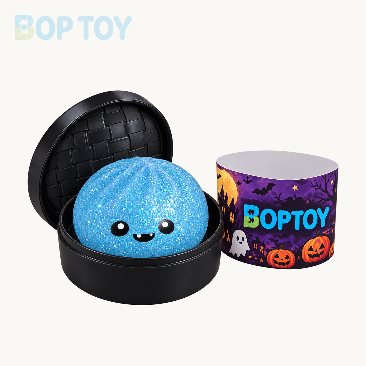 One blue Halloween glitter bun squishy with black steamer and BopToy branded sleeve; blue is an example, single-piece color is random