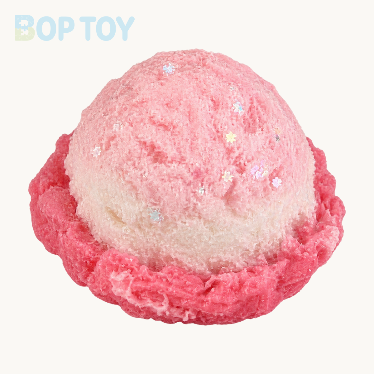 Pink ice cream scoop squishy toy on BOPTOY cream background