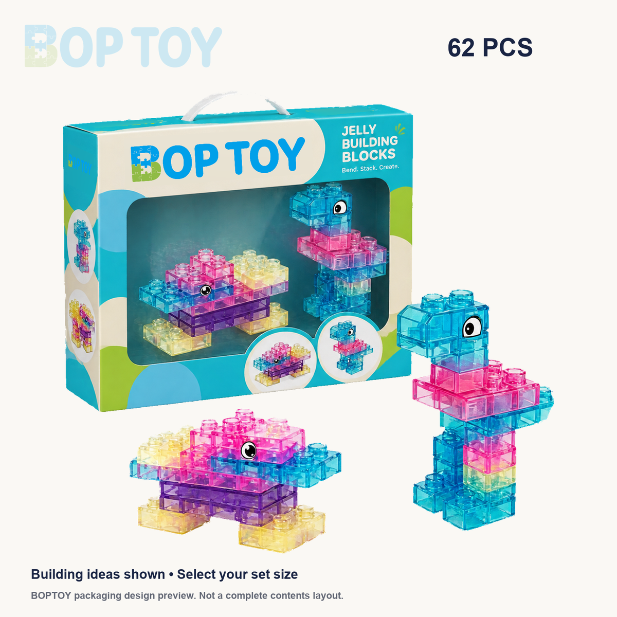 62PCS jelly building block set, BOPTOY packaging design preview and illustrative building ideas, not a complete contents layout