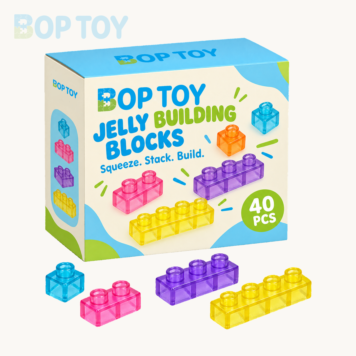 40-piece jelly building blocks with BOPTOY packaging mockup and representative pieces