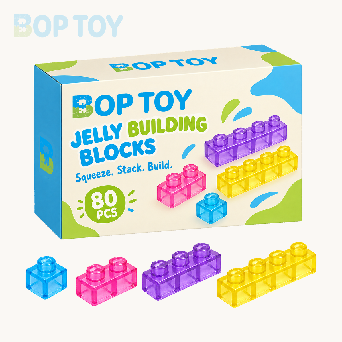 80-piece jelly building blocks with BOPTOY packaging mockup and representative pieces