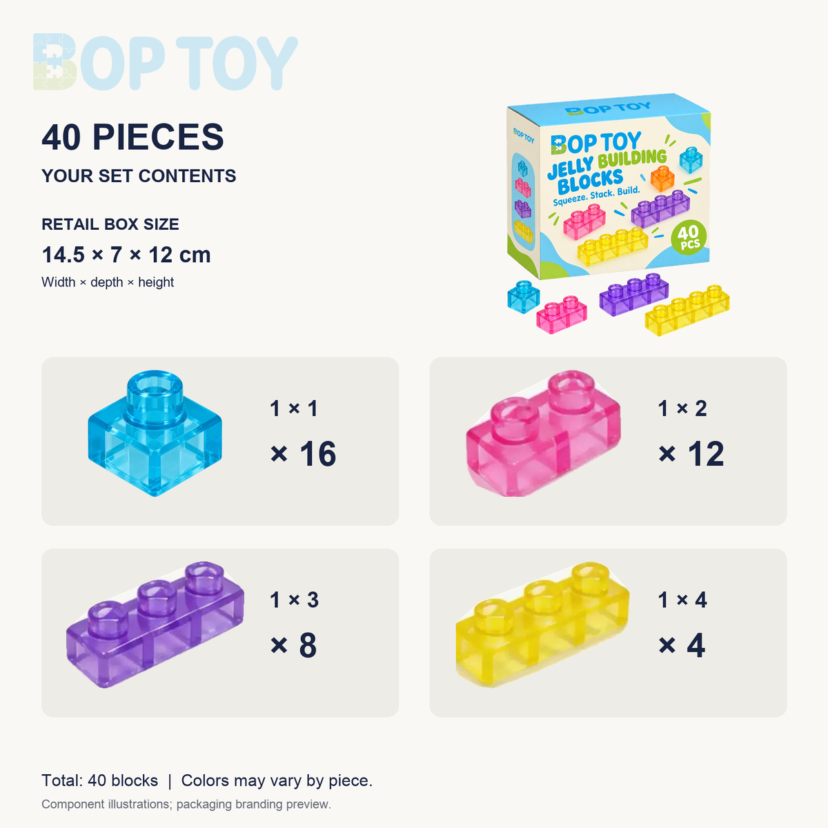40-piece contents: 16 one-stud, 12 two-stud, 8 three-stud, 4 four-stud blocks; box 14.5 x 7 x 12 cm