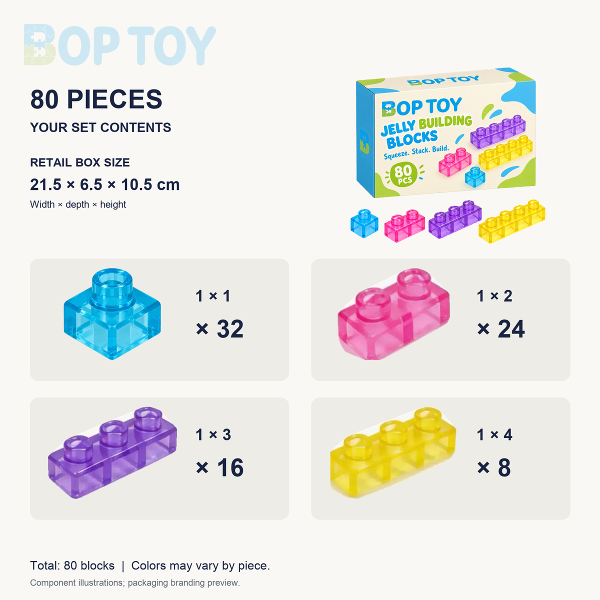 80-piece contents: 32 one-stud, 24 two-stud, 16 three-stud, 8 four-stud blocks; box 21.5 x 6.5 x 10.5 cm