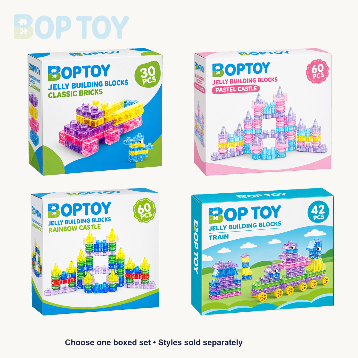 Four BOPTOY jelly building block series shown for comparison; choose one retail boxed set, not all four