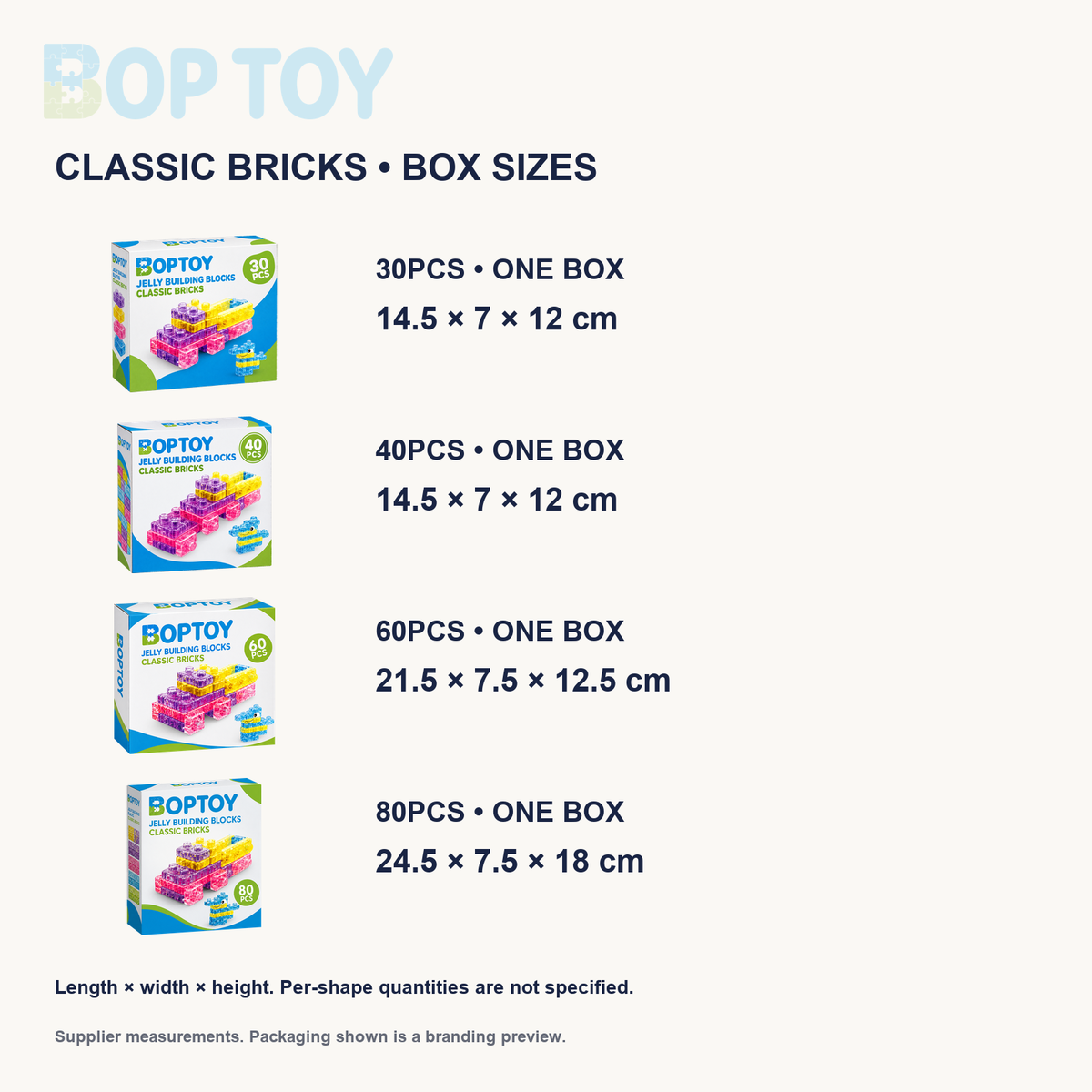 Classic bricks 30, 40, 60 and 80-piece retail box measurements from the supplier specification table