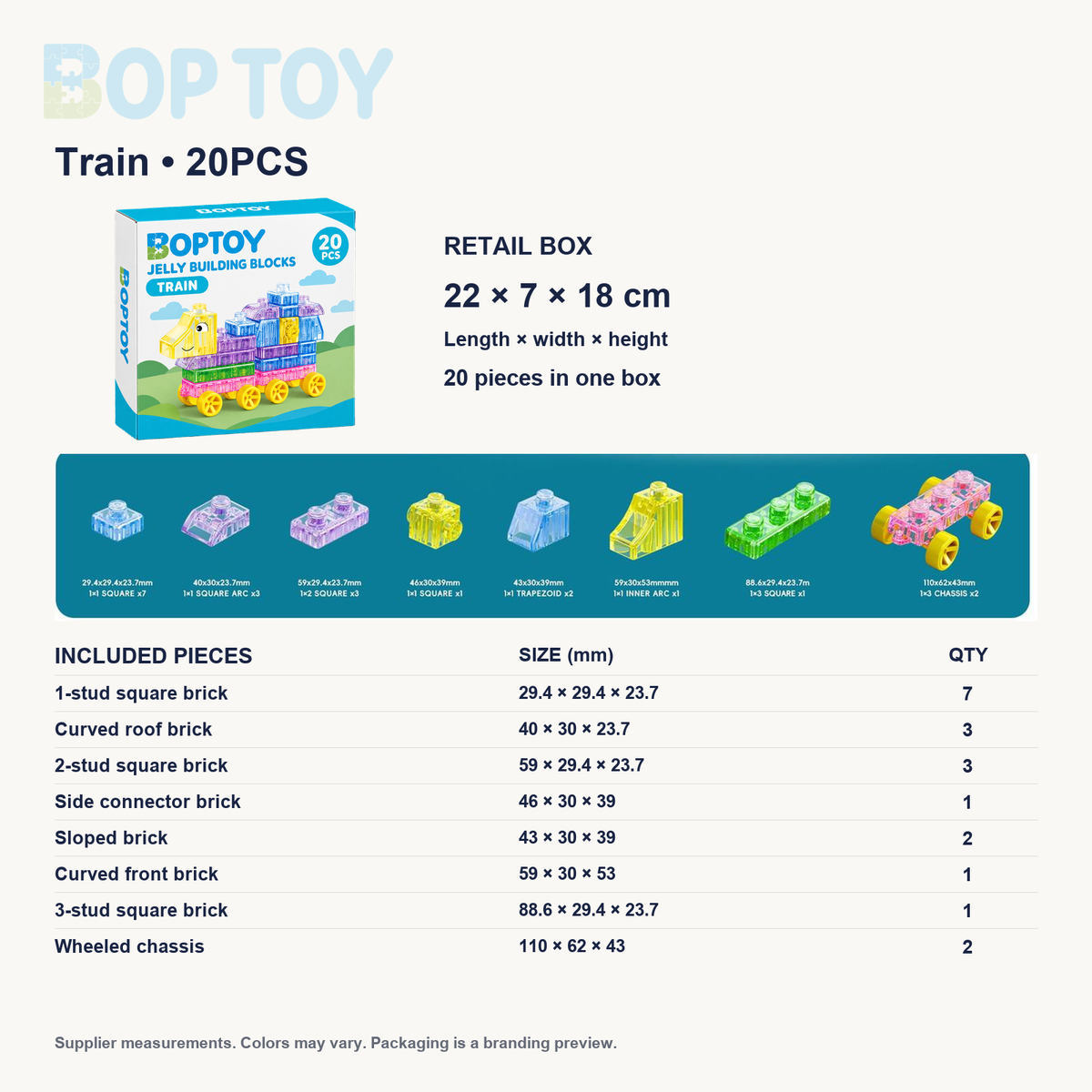 Train — 20PCS: retail box 22 × 7 × 18 cm, complete supplier parts list with individual dimensions and quantities