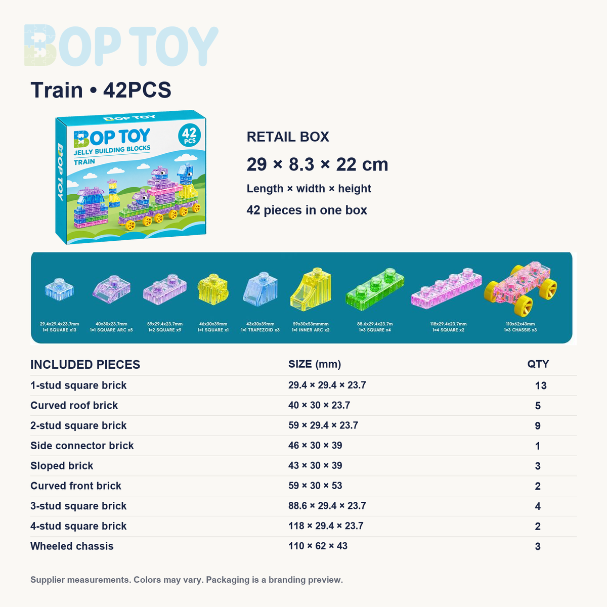 Train — 42PCS: retail box 29 × 8.3 × 22 cm, complete supplier parts list with individual dimensions and quantities