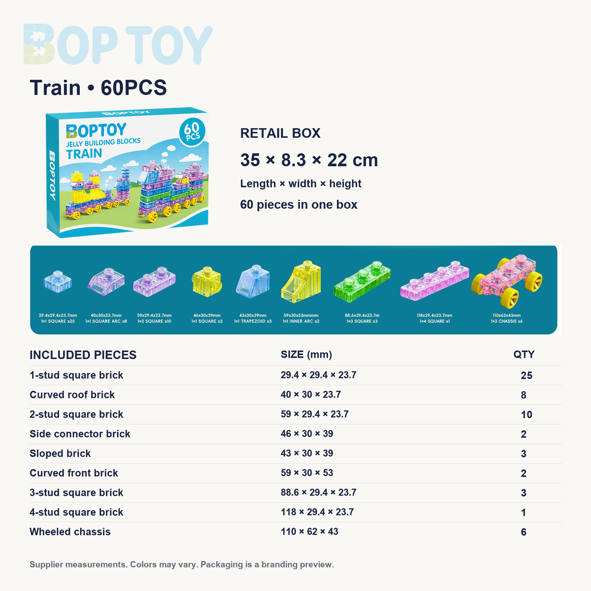 Train — 60PCS: retail box 35 × 8.3 × 22 cm, complete supplier parts list with individual dimensions and quantities