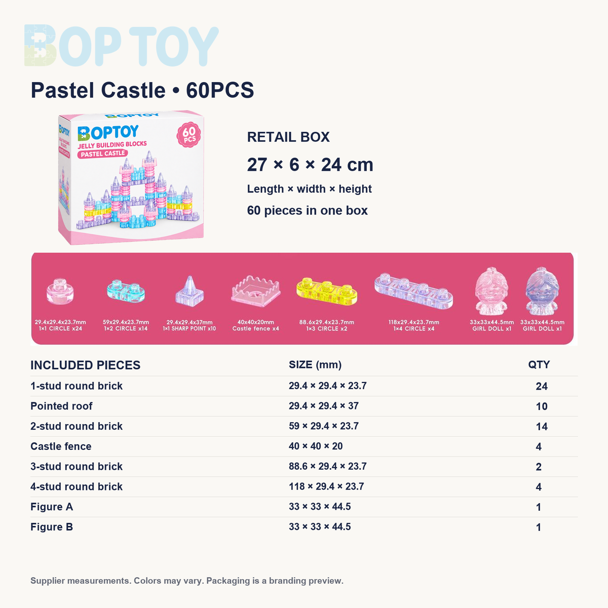 Pastel Castle — 60PCS: retail box 27 × 6 × 24 cm, complete supplier parts list with individual dimensions and quantities