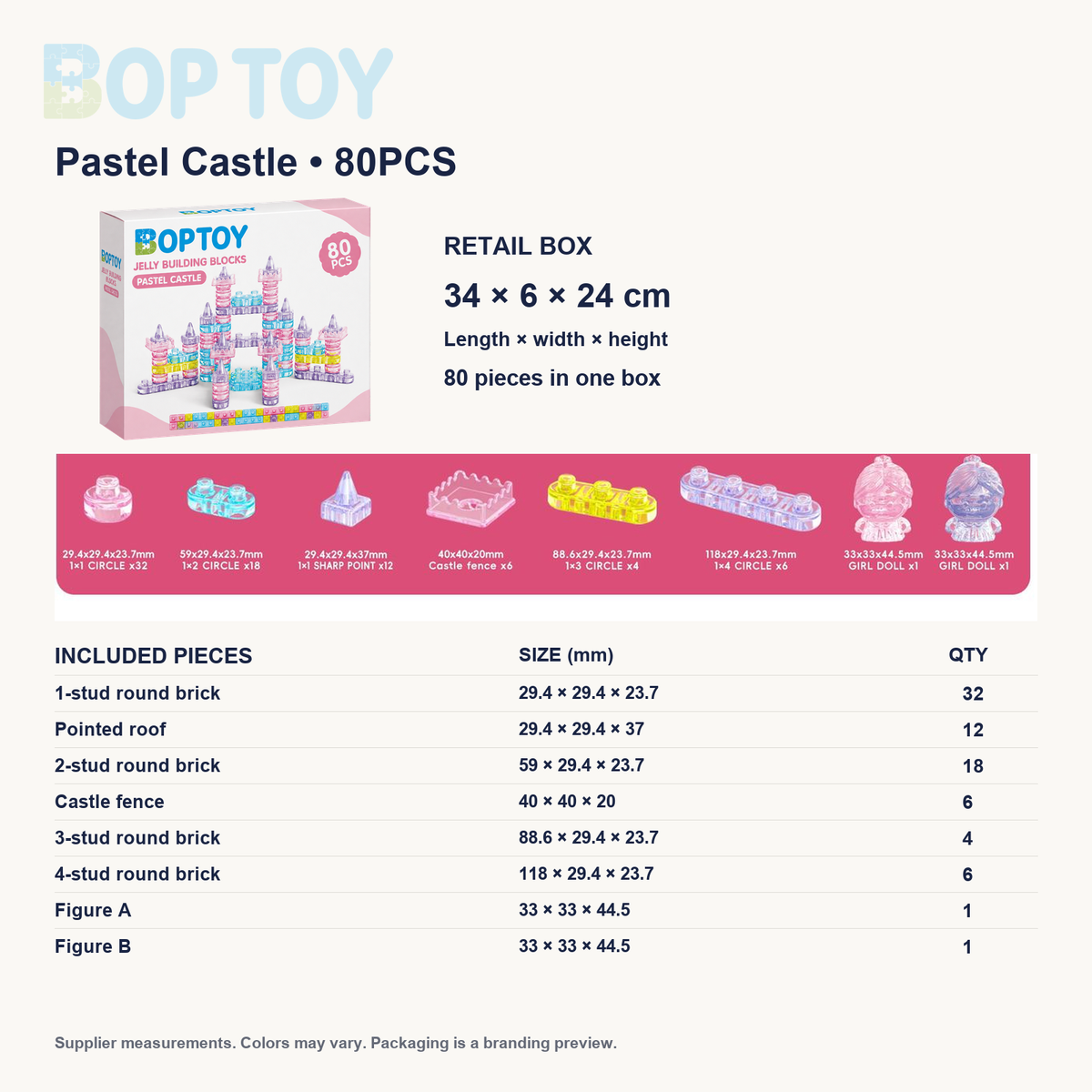 Pastel Castle — 80PCS: retail box 34 × 6 × 24 cm, complete supplier parts list with individual dimensions and quantities
