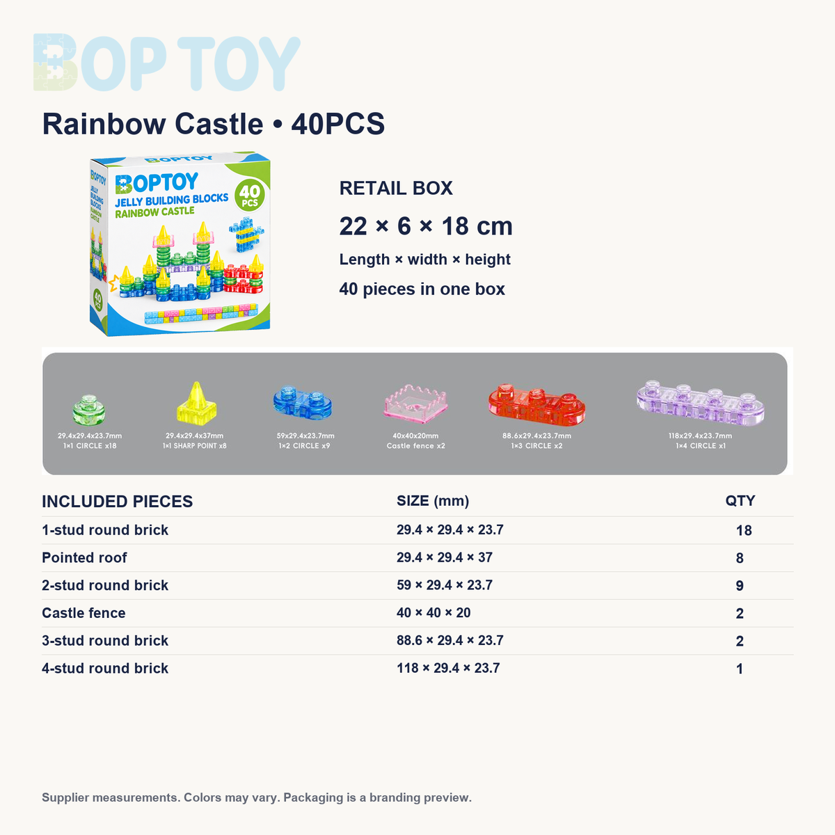 Rainbow Castle — 40PCS: retail box 22 × 6 × 18 cm, complete supplier parts list with individual dimensions and quantities