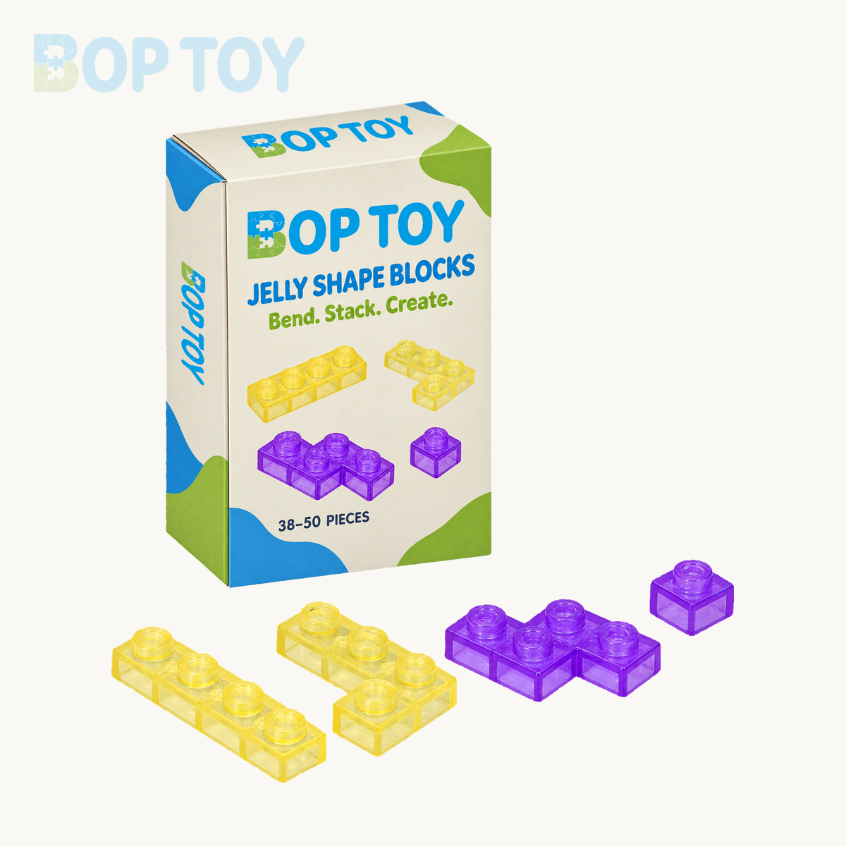 Jelly shape blocks in a BOPTOY retail box branding preview with representative loose pieces