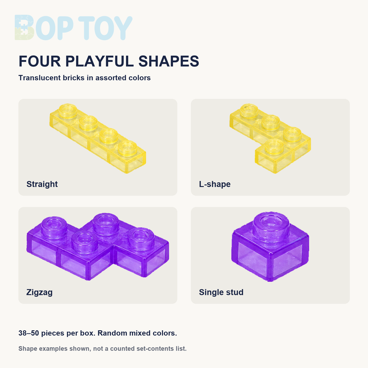 Four illustrated block shapes: straight, L-shape, zigzag and single stud; example shapes, not a counted contents list